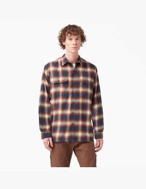 Barn Red Dark Navy Plaid Dickies 1922 Flannel Shirt Button Up | 023IQXHDG