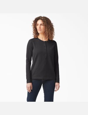 Black Dickies Heavyweight Henley Long Sleeve T-Shirts | 083EFPCMW