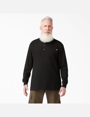 Black Dickies Long Sleeve Heavyweight Henley T-Shirts | 064JUIVXT