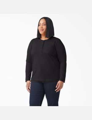 Black Dickies Plus Heavyweight Henley Long Sleeve T-Shirts | 840MNHXBI