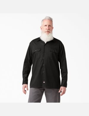 Black Dickies Relaxed Fit Long Sleeve Work Shirts | 049JMQCLH