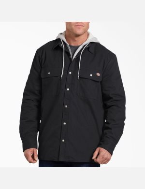 Black Dickies Relaxed Icon Hooded Duck Quilted Shirt Jackets | 192FKBOLZ