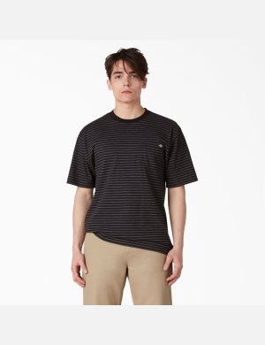 Black Heather Stripe Dickies Regular Fit Striped Pocket T-Shirts | 379HOABWD