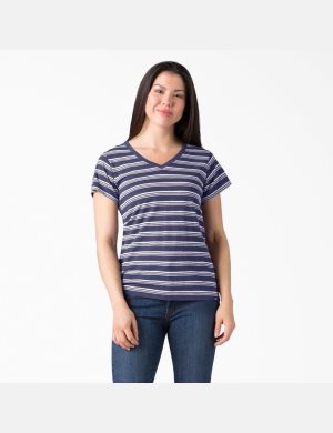 Blue Multi Stripe Dickies Short Sleeve V-Neck T-Shirts | 269PTQDRK