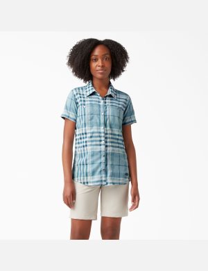 Blue Plaid Dickies Cooling Short Sleeve Work Shirt Button Up | 679ITVDZQ