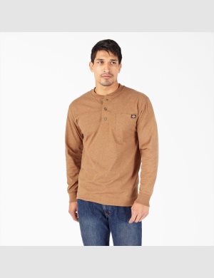 Brown Duck Heather Dickies Heathered Heavyweight Henley Long Sleeve T-Shirts | 513DSQLYH