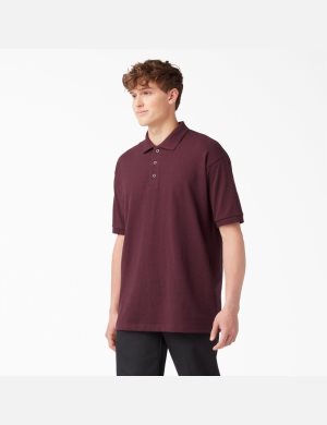 Burgundy Dickies Adult Size Piqu T-Shirts | 216MRQHZF