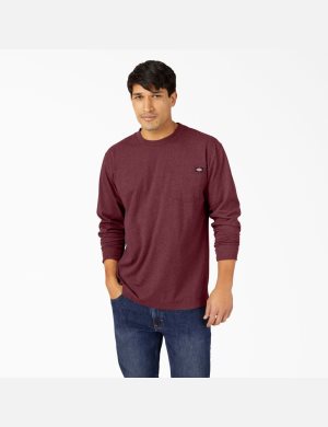 Burgundy Dickies Long Sleeve Heathered Heavyweight Crew Neck T-Shirts | 904EAXJZO