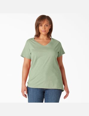 Celadon Green Dickies Plus Short Sleeve V-Neck T-Shirts | 624FLSJAE