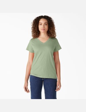 Celadon Green Dickies Short Sleeve V-Neck T-Shirts | 317EZJCYL