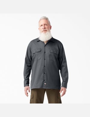 Charcoal Gray Dickies Relaxed Fit Long Sleeve Work Shirts | 685BSHQPO