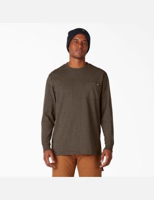 Chocolate Heather Dickies Long Sleeve Heathered Heavyweight Crew Neck T-Shirts | 482YTZWFO