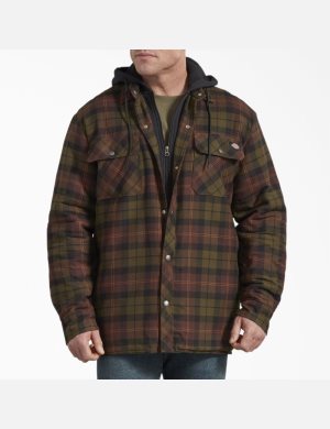 Chocolate Tactical Green Plaid Dickies Relaxed Icon Hooded Quilted Flannel Coats & Jackets | 576JYTVXW