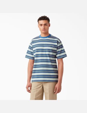 Cobalt Stripe Dickies Relaxed Fit Striped Pocket T-Shirts | 982YMABHC