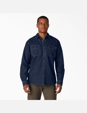 Dark Denim Wash Dickies FLEX Denim Long Sleeve Work Shirts | 960HVMBQY