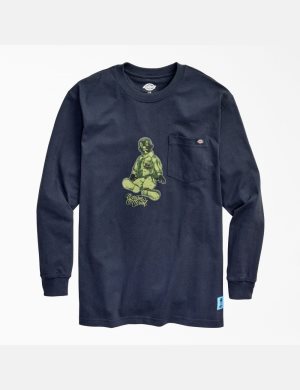 Dark Navy Dickies Estevan Oriol x Green El Triste Long Sleeve T-Shirts | 796ETFIMO