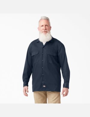 Dark Navy Dickies Relaxed Fit Long Sleeve Work Shirts | 473RBIFZM