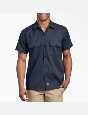 Dark Navy Dickies Slim Fit Short Sleeve Work Shirts | 621RFSDYU