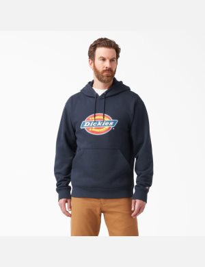 Dark Navy Dickies Water Repellent Tri-Color Logo Hoodies | 076TYRNQE