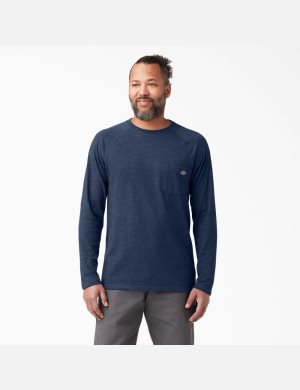 Dark Navy Heather Dickies Cooling Long Sleeve Shirts | 209IYZLXN