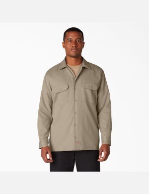 Desert Sand Dickies Long Sleeve Work Shirts | 348DQKJEX