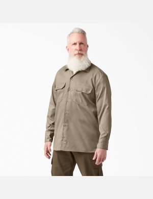 Desert Sand Dickies Relaxed Fit Long Sleeve Work Shirts | 078JWFATZ