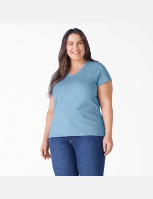 Dusty Blue Dickies Plus Short Sleeve V-Neck Tops | 864SQNPAI