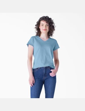 Dusty Blue Dickies Short Sleeve V-Neck T-Shirts | 569FTXAWQ