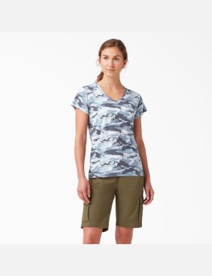 Flint Blue Camo Dickies Short Sleeve V-Neck T-Shirts | 652QODBWT