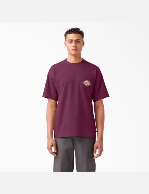 Grape Wine Dickies Chest Logo Pocket T-Shirts | 346XMSCEV