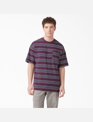 Grape Wine Stripe Dickies Relaxed Fit Striped Pocket T-Shirts | 403NFDWIZ