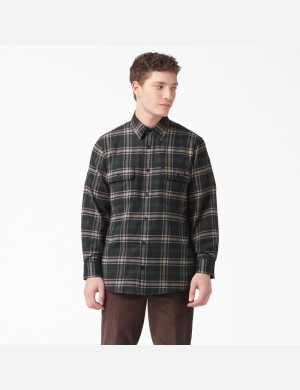 Green/Black Plaid Dickies FLEX Regular Fit Flannel Shirt Shirts | 184UFDMTH