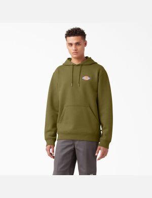 Green Moss Dickies Fleece Embroidered Chest Logo Hoodies | 074OYDVWZ