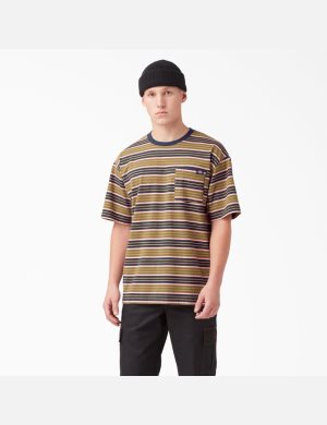 Green Moss Stripe Dickies Relaxed Fit Striped Pocket T-Shirts | 206PWIJOA