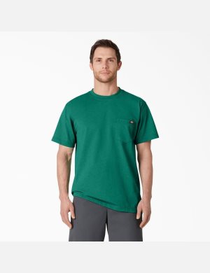 Green Single Dye Heather Dickies Short Sleeve Heavyweight Heathered T-Shirts | 063HPNSGU