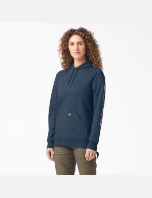 Heather Navy Dickies Heavyweight Logo Sleeve Hoodies | 579FMAKHG