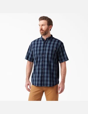 Ink Navy Dusty Blue Plaid Dickies Short Sleeve Woven Shirt Shirts | 615MICBHO