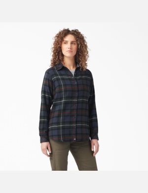 Ink Navy Tartan Dickies Plaid Flannel Long Sleeve Shirt Button Up | 907XYJUKO