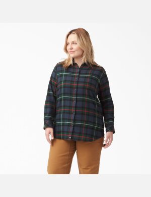 Ink Navy Tartan Dickies Plus Size Long Sleeve Plaid Flannel Shirt Button Up | 719DQCPTX