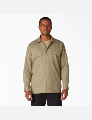 Khaki Dickies Long Sleeve Work Shirts | 894NDWIZY