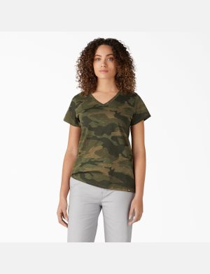 Light Sage Camo Dickies Short Sleeve V-Neck T-Shirts | 658DTGXNF