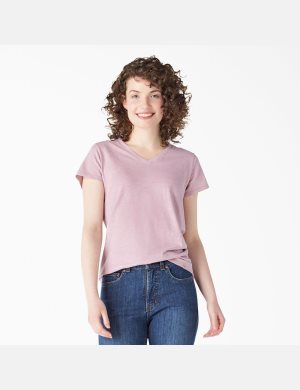 Mauve Shadows Dickies Short Sleeve V-Neck T-Shirts | 637NZHWQX