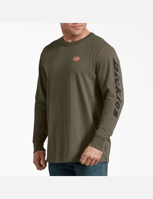 Military Green Dickies Long-Sleeve Graphic T-Shirts | 438MUFHWJ