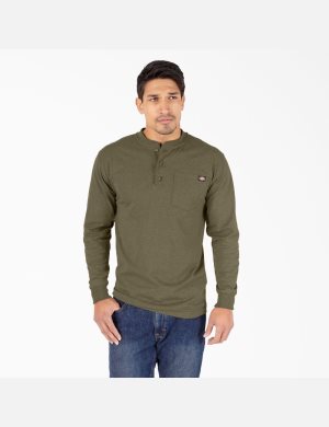 Military Green Heather Dickies Heathered Heavyweight Henley Shirts | 018XKNBFM