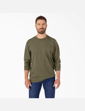 Military Green Heather Dickies Long Sleeve Heathered Heavyweight Crew Neck Shirts | 692XVIODY