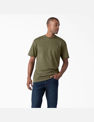 Military Green Heather Dickies Short Sleeve Heavyweight Heathered Shirts | 694RJXNMU