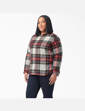 Molten Lava Highland Plaid Dickies Plus Size Long Sleeve Plaid Flannel Shirt Button Up | 208MUQKWR