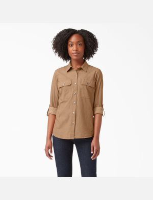 Nutmeg Yarn Dye Dickies Long Sleeve Roll-Tab Work Shirt Button Up | 930FIVHWJ