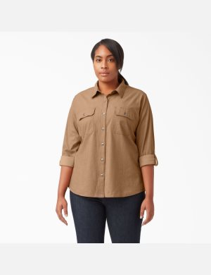 Nutmeg Yarn Dye Dickies Plus Long Sleeve Roll-Tab Work Shirt Button Up | 150LTPNMQ