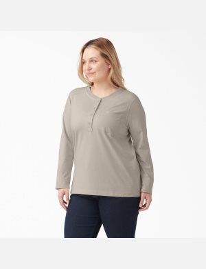 Oatmeal Dickies Plus Heavyweight Henley Long Sleeve T-Shirts | 086VIGWFQ